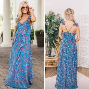 Pink Lily It’s Not A Dream Floral Maxi Dress sz S Basque Waist Flutter Ruffles